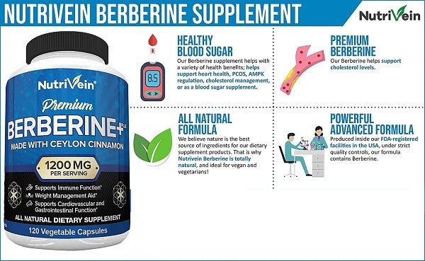 Berberine supplement bottle with Ceylon cinnamon infographic and 1200 mg per serving