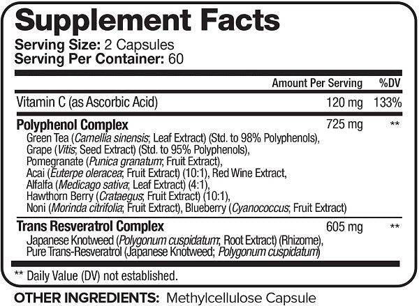 Supplement Facts panel for NutriVein resveratrol, serving size 2 capsules