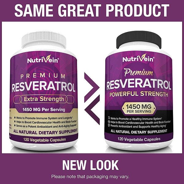 NutriVein resveratrol bottle pair showing new look packaging, 1450 mg and 120 veg capsules