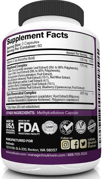 NutriVein resveratrol bottle back label with FDA, GMP, and vegan icons