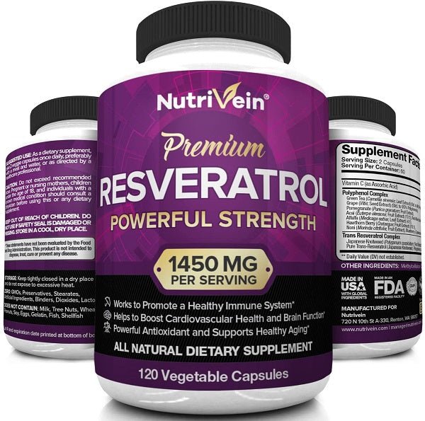 NutriVein resveratrol bottle front and side views, 1450 mg per serving, 120 veg capsules