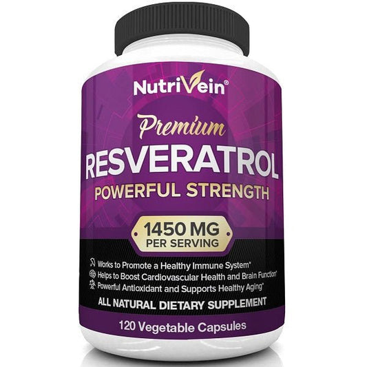 NutriVein resveratrol supplement bottle, 1450 mg per serving, 120 veg capsules