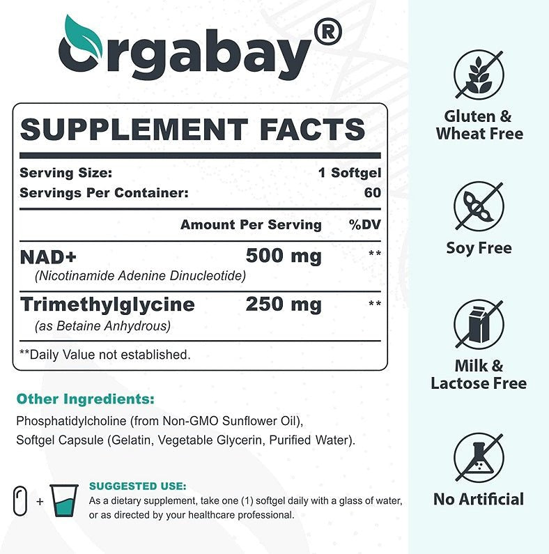 Supplement Facts: NAD+ 500 mg and TMG 250 mg, bottle back panel