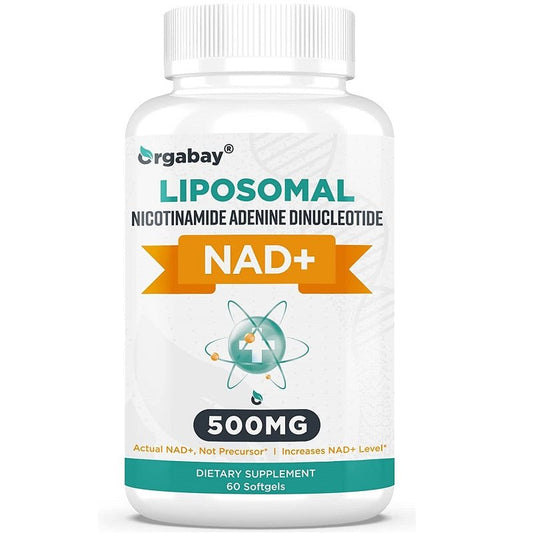 Liposomal NAD+ supplement bottle, white cap, 60 softgels front label