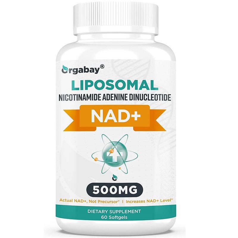 Liposomal NAD+ supplement bottle, white cap, 60 softgels front label