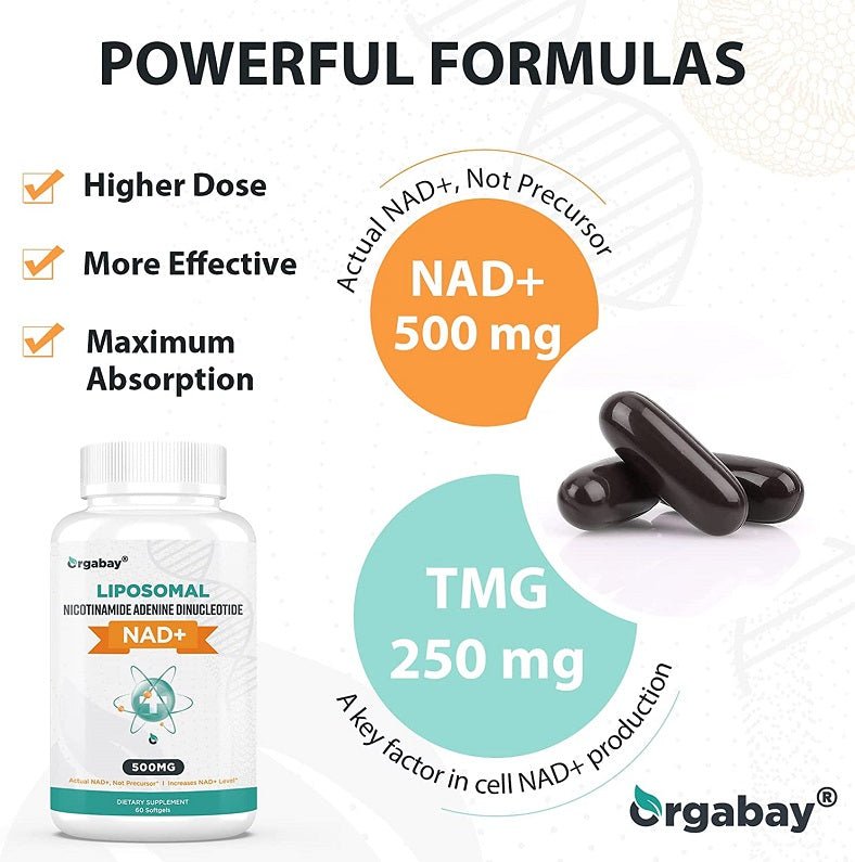 Liposomal NAD+ 500 mg and TMG 250 mg bottles with black softgels graphic