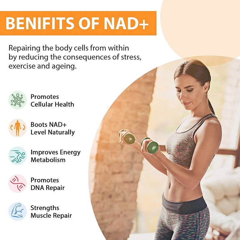 Benefits of NAD+ infographic with icons beside exercising woman