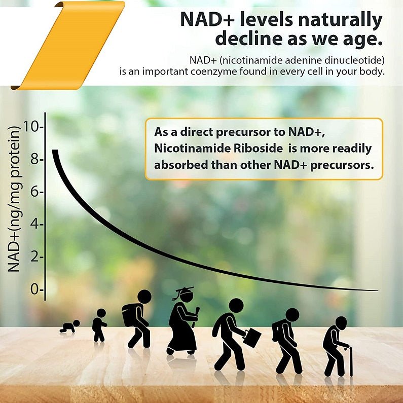 NAD+ levels infographic with declining chart and walking silhouettes