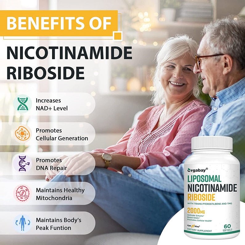 Nicotinamide riboside benefits infographic with icons and smiling senior couple
