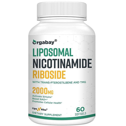 Orgabay liposomal nicotinamide riboside supplement bottle, white with green label