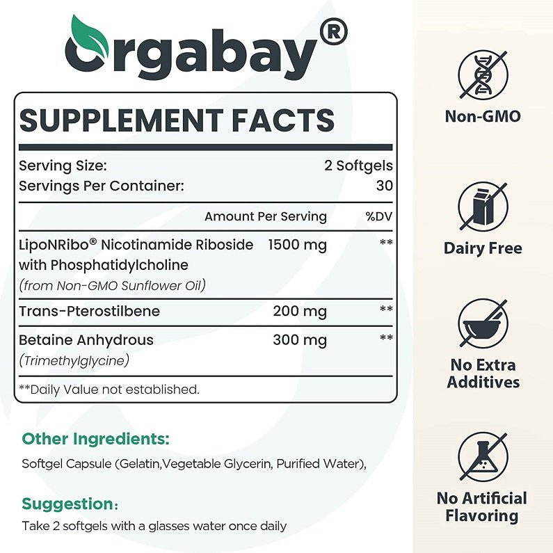 Supplement facts panel with serving size, ingredients list, and non-GMO badge