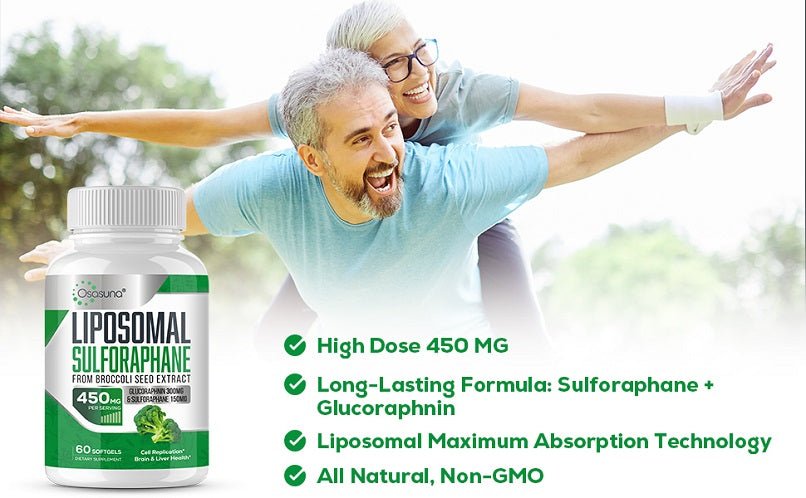 Osasuna liposomal sulforaphane complex bottle beside health benefit icons