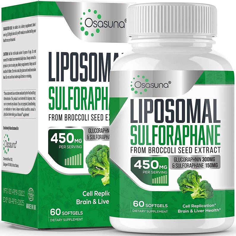 Osasuna liposomal sulforaphane complex bottle with matching supplement box and green label