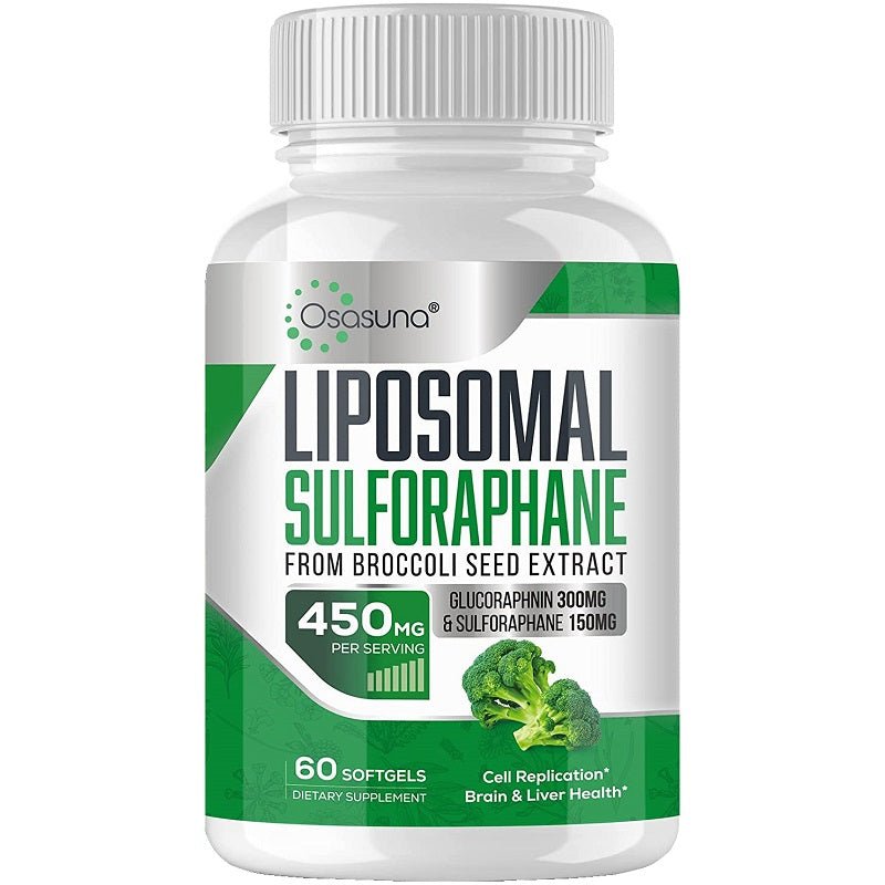Osasuna liposomal sulforaphane complex 450mg bottle with white cap and green label