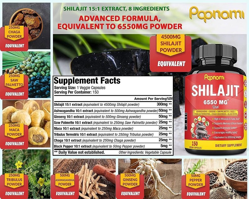 Papnami Shilajit 6550 mg bottle with black cap, shown beside supplement facts
