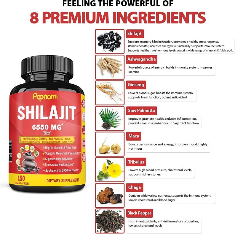 Papnami Shilajit 6550 mg bottle with label, black cap, 150 capsules