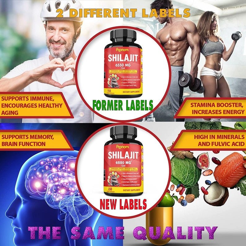 Papnami Shilajit 6550 mg bottle with black cap, new vs former label designs