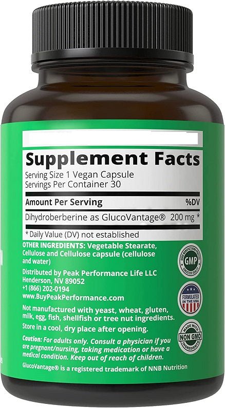 Berberine dietary supplement bottle back label with Supplement Facts and 200 mg Dihydroberberine