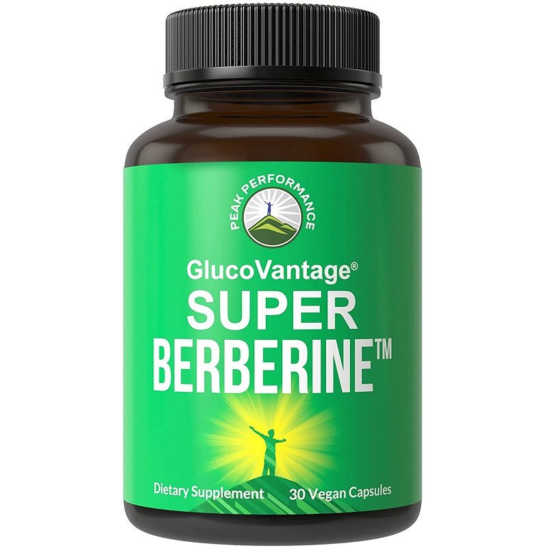 Berberine dietary supplement bottle, green label, black cap, 30 vegan capsules