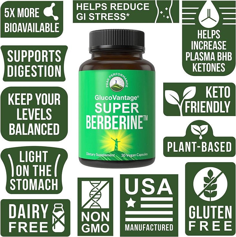 Berberine dietary supplement bottle with green label, keto friendly and non‑GMO badge graphics