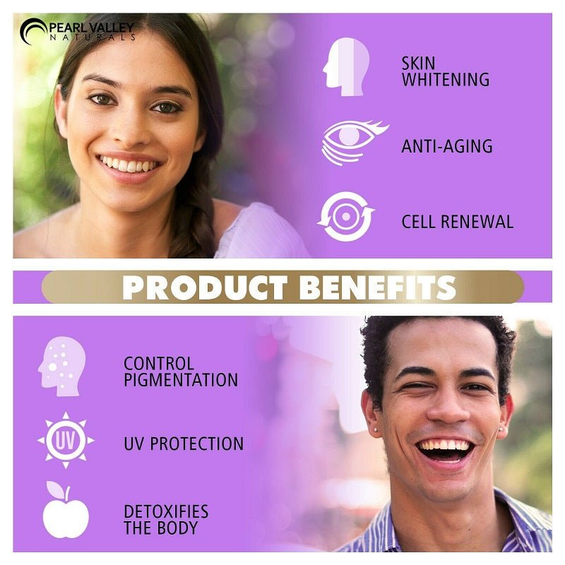 Skin whitening anti-aging product benefits panel with smiling people