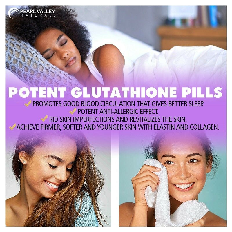 Glutathione pills promotional panel with sleeping and skincare scenes