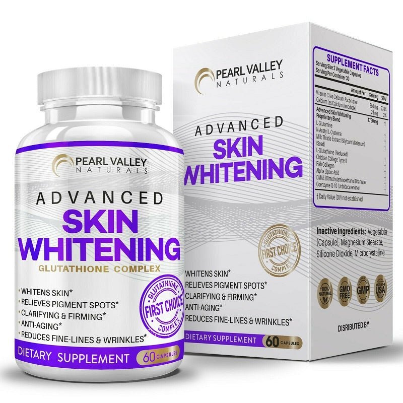 Skin whitening glutathione supplement bottle and side box with label
