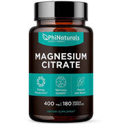 PhiNaturals magnesium citrate supplement bottle, 400 mg and 180 veggie capsules