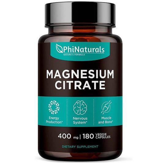PhiNaturals magnesium citrate supplement bottle, 400 mg and 180 veggie capsules