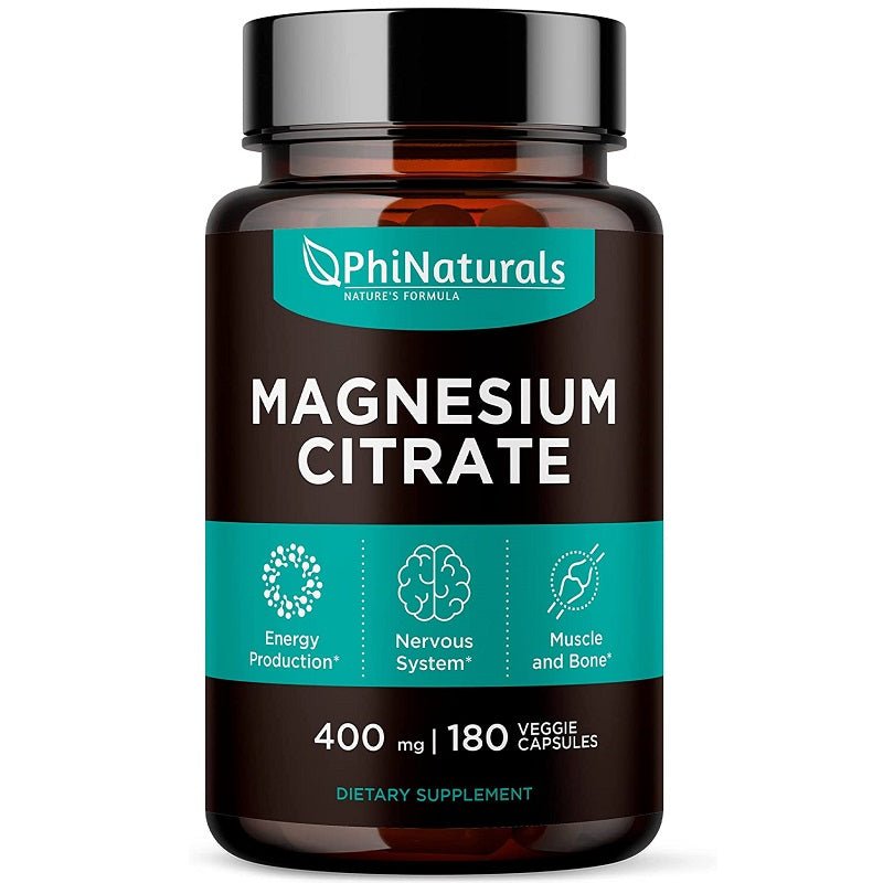 PhiNaturals magnesium citrate supplement bottle, 400 mg and 180 veggie capsules