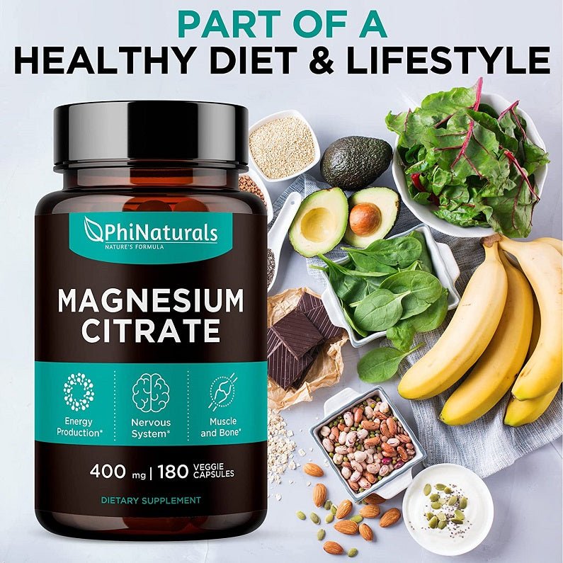 PhiNaturals magnesium citrate bottle with health foods like avocado, greens, and bananas
