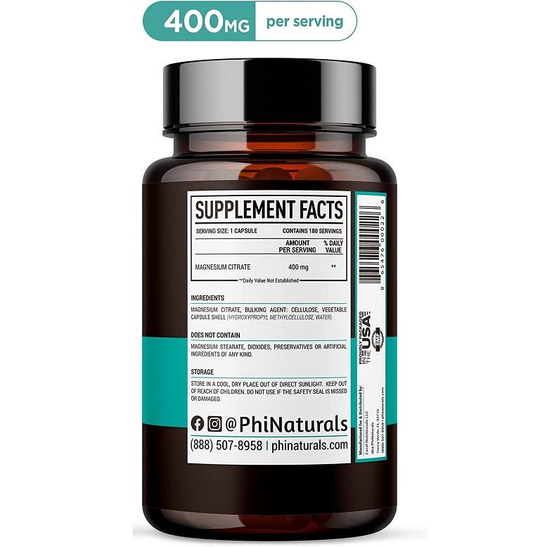 PhiNaturals magnesium citrate bottle back label with Supplement Facts