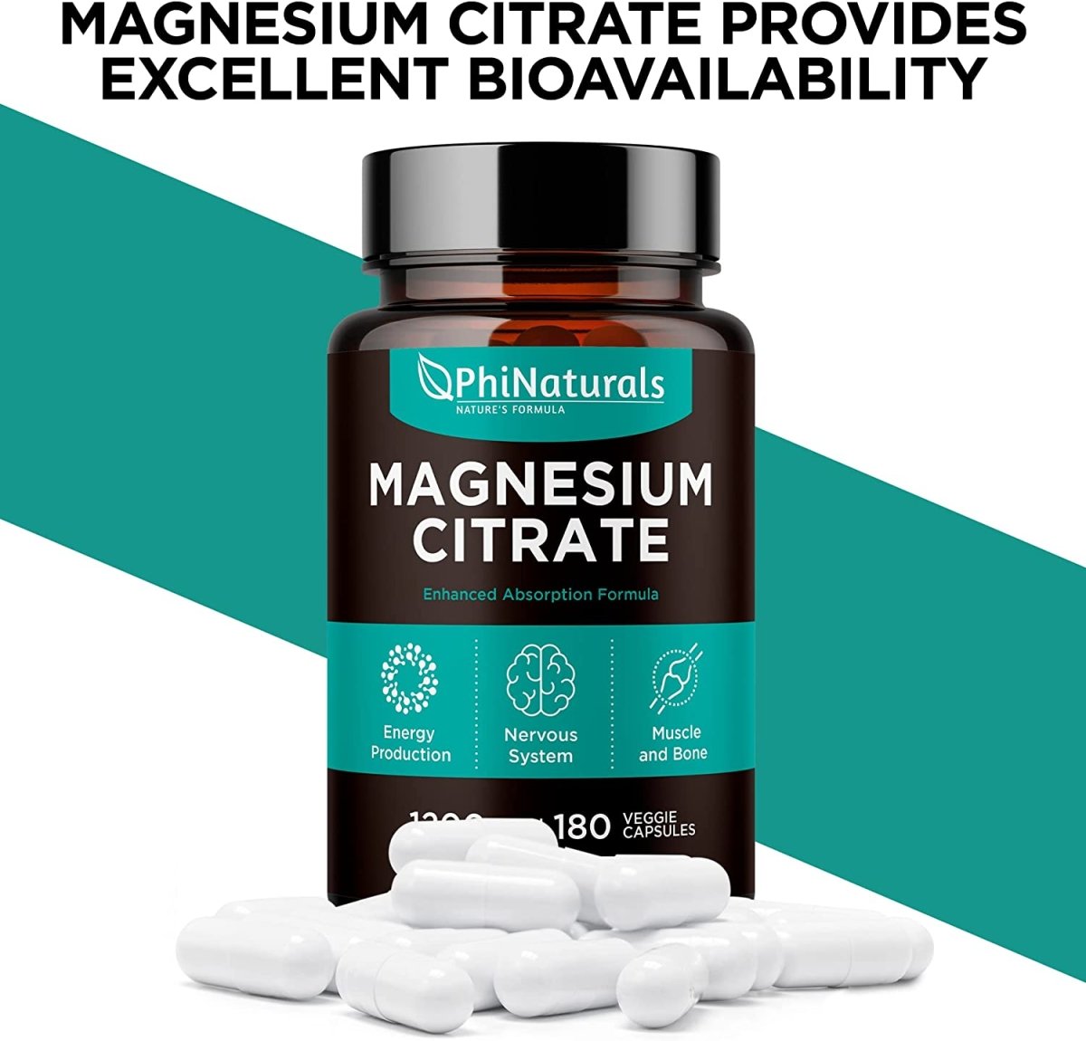 PhiNaturals magnesium citrate bottle with white 180 veggie capsules