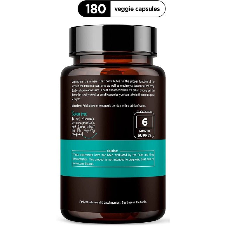 PhiNaturals magnesium citrate bottle, 180 veggie capsules and usage directions