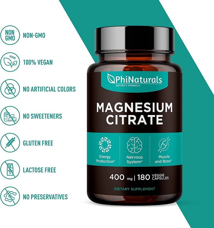 PhiNaturals magnesium citrate bottle with Non-GMO, vegan, gluten-free, lactose-free badges