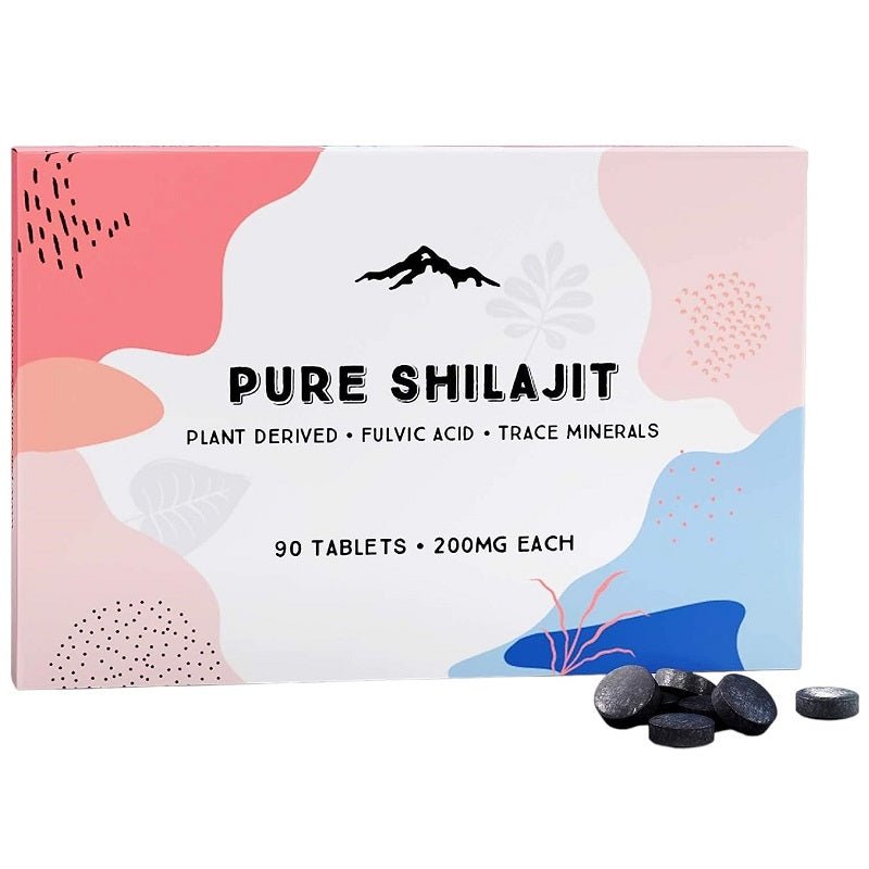 Pure Shilajit box with dark resin drops scattered beside it