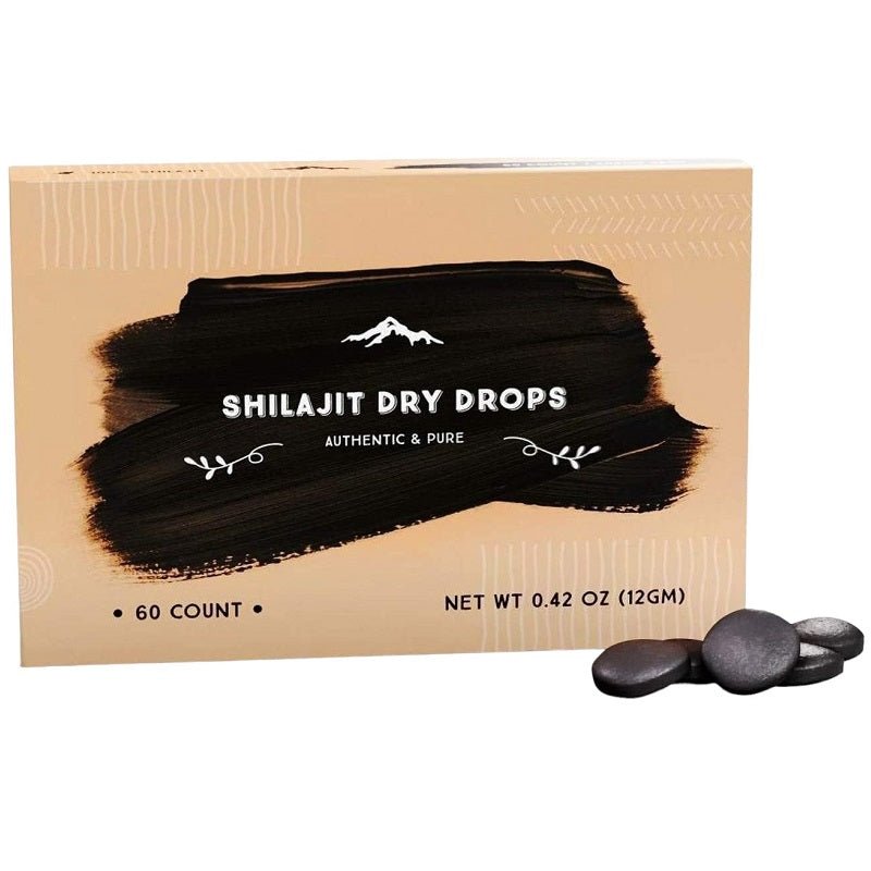 Shilajit dry drops package with black brush banner and loose dark resin stones