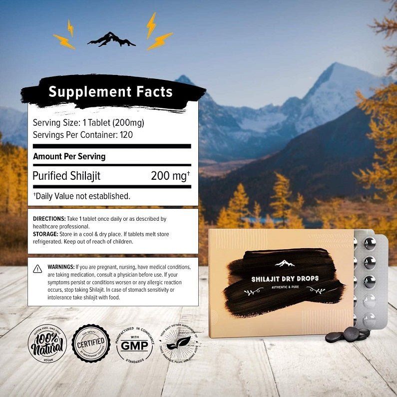 Shilajit supplement facts panel with Shilajit dry drops pouch and dark resin stones
