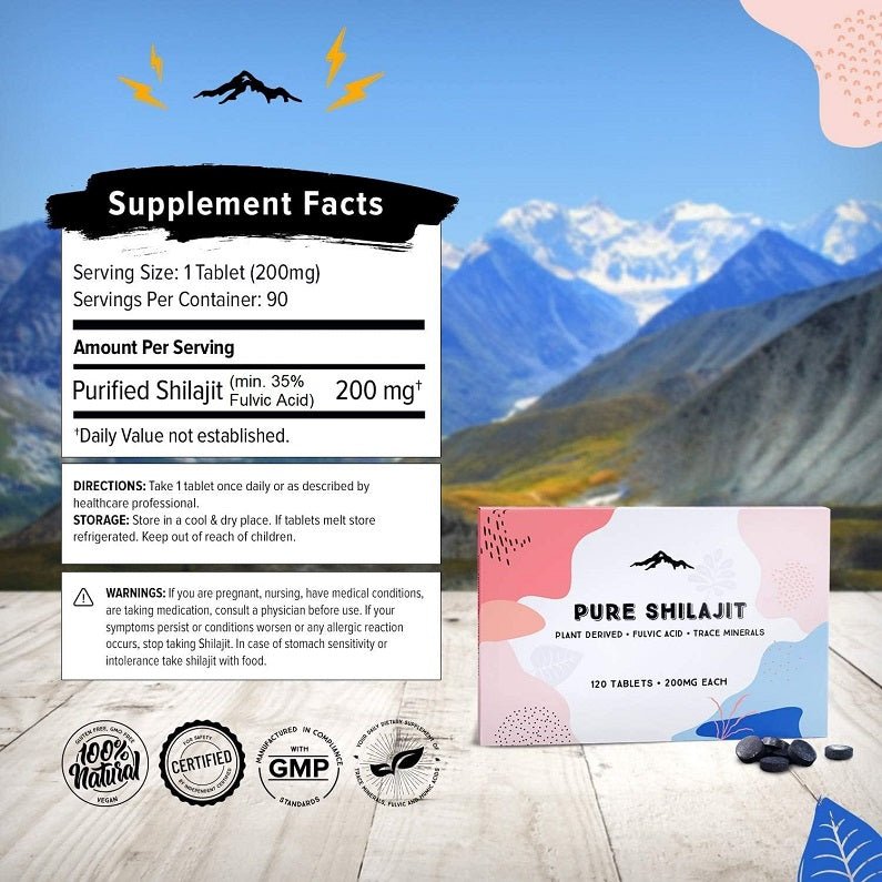 Shilajit supplement facts panel with Pure Shilajit box and dark tablets
