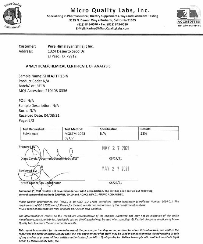 Certificate of analysis for shilajit resin supplement from Micro Quality Labs