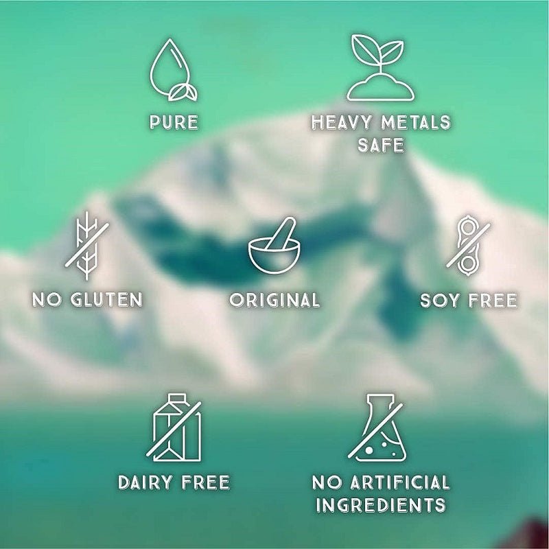 Shilajit resin supplement quality icons: pure, heavy metals safe, no gluten