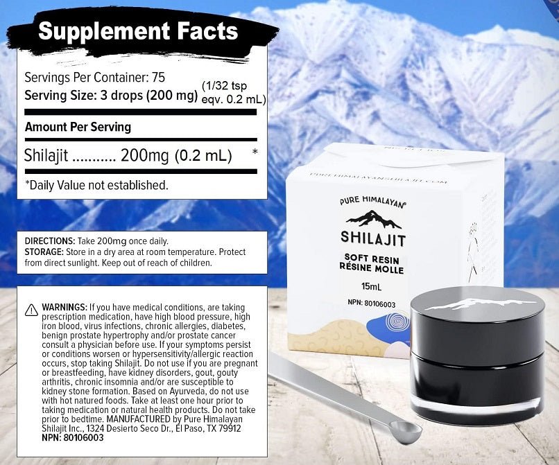 Shilajit soft resin supplement facts label and product box with jar, side view.