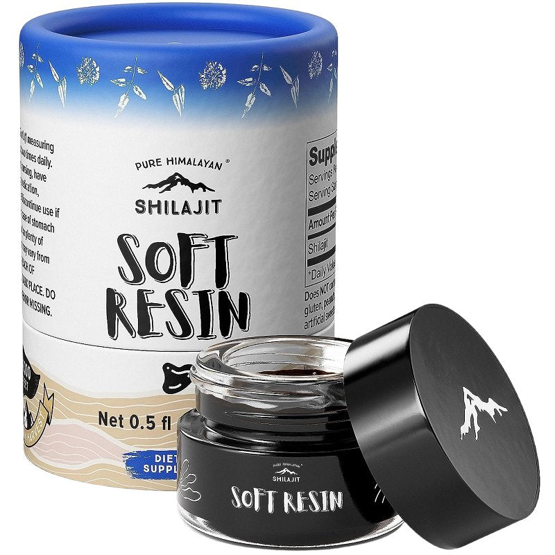 Shilajit soft resin supplement jar with black cap, open to reveal dark resin.