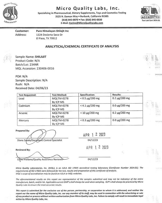 Certificate of analysis for Shilajit soft resin supplement, lab report document.
