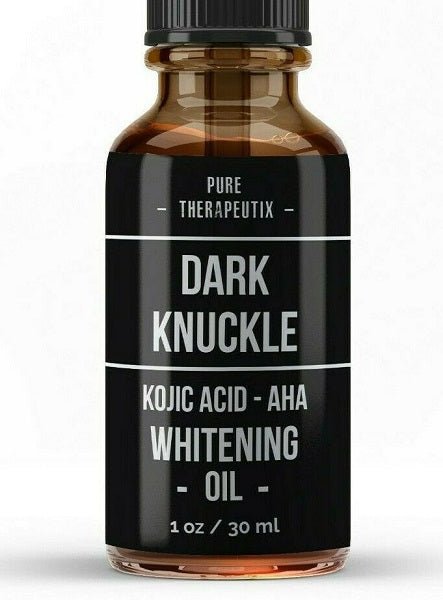 Pure Therapeutix Dark Knuckle Whitening Oil bottle, label close-up