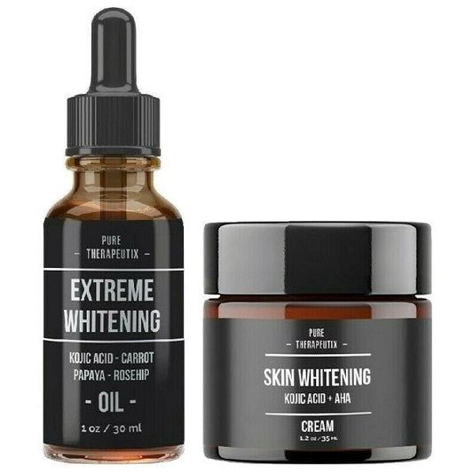 Pure Therapeutix extreme whitening oil and skin whitening cream duo, amber bottle and jar