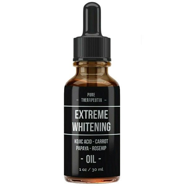 Pure Therapeutix Extreme Whitening oil bottle, amber glass with black dropper cap