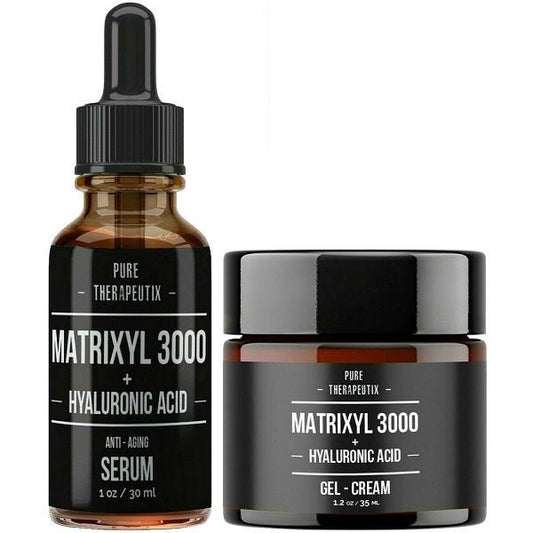 Matrixyl 3000 serum bottle and gel-cream jar set with hyaluronic acid