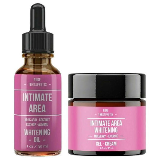 Intimate area whitening oil and gel-cream set, amber dropper bottle and pink jar