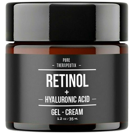 Pure Therapeutix retinol gel-cream jar with black and orange label